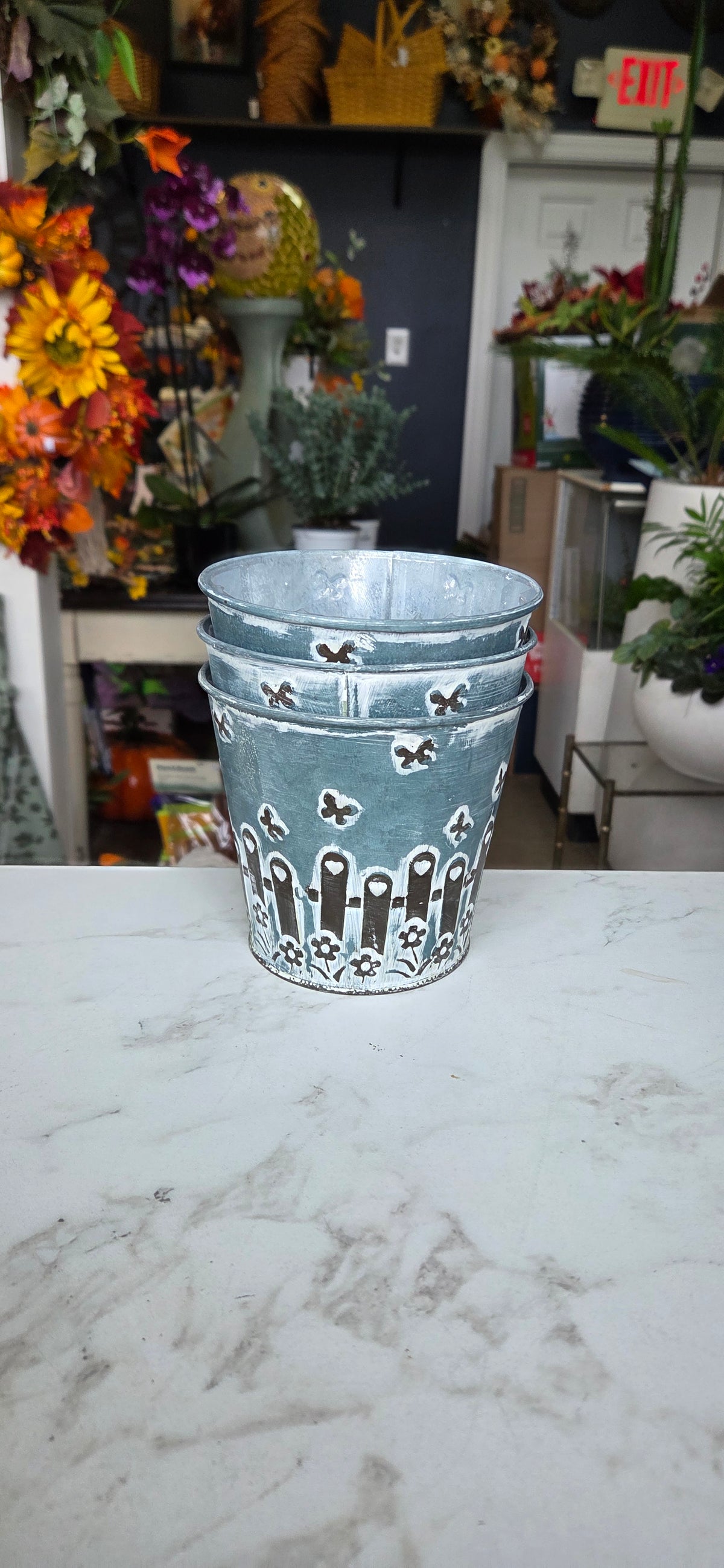 Metal Blue Fence Pot