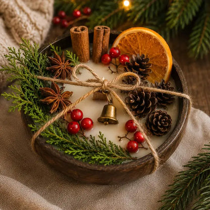 Christmas Wood Wick Candle in Wooden Bowl
