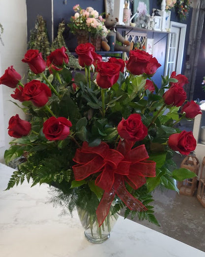 Dozen Roses with Greens