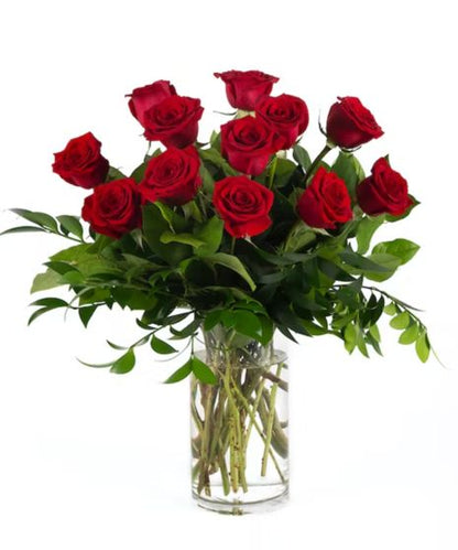 Dozen Roses with Greens
