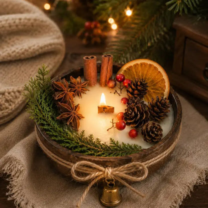 Christmas Wood Wick Candle in Wooden Bowl