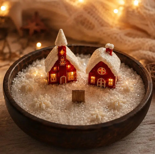 Cozy Christmas Village Candle in A Wooden Bowl
