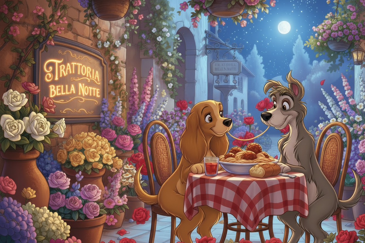lady and the tramp eating spaghetti in italy surrounded by flowers